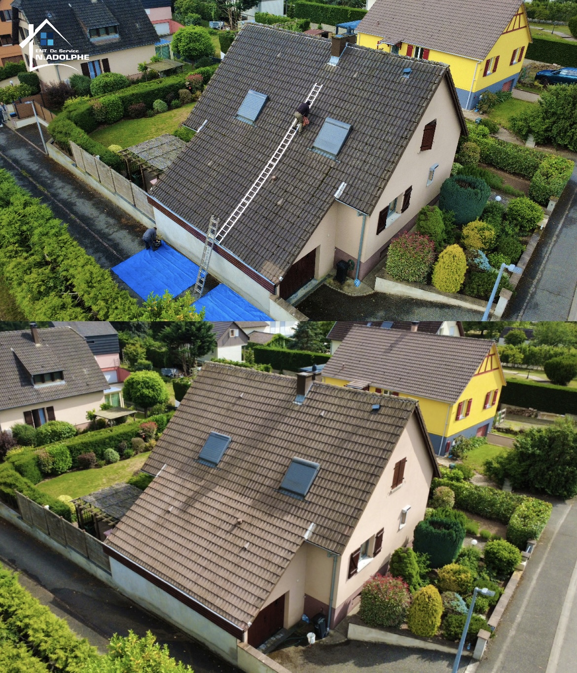 Avant après démoussage toiture vue drone Alsace